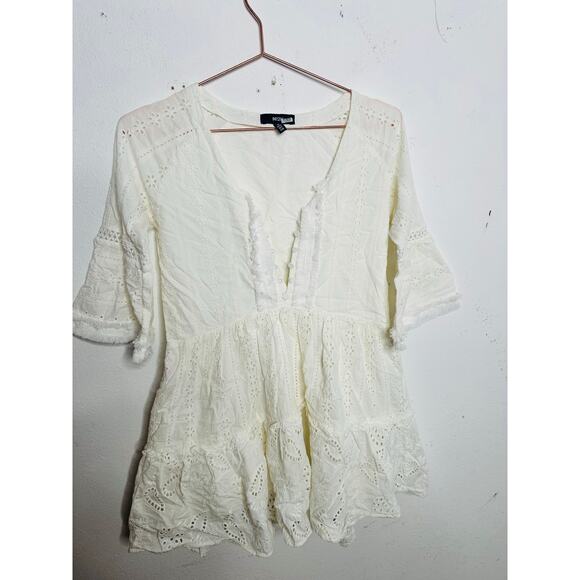 N12H White Cotton Eyelet Pure Peasant Three Quarter Sleeve Poppy Dress XS US 0 - Picture 6 of 16